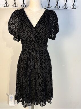 DKNY Black Polka Dot Wrap Midi Dress with Puff Sleeves NWT Size 14